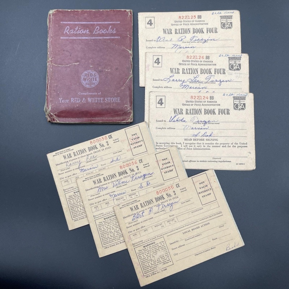 WWII OPA War Ration Books Tirsgen Family Marion SD Book 3 4 w Stamps Holder 1058